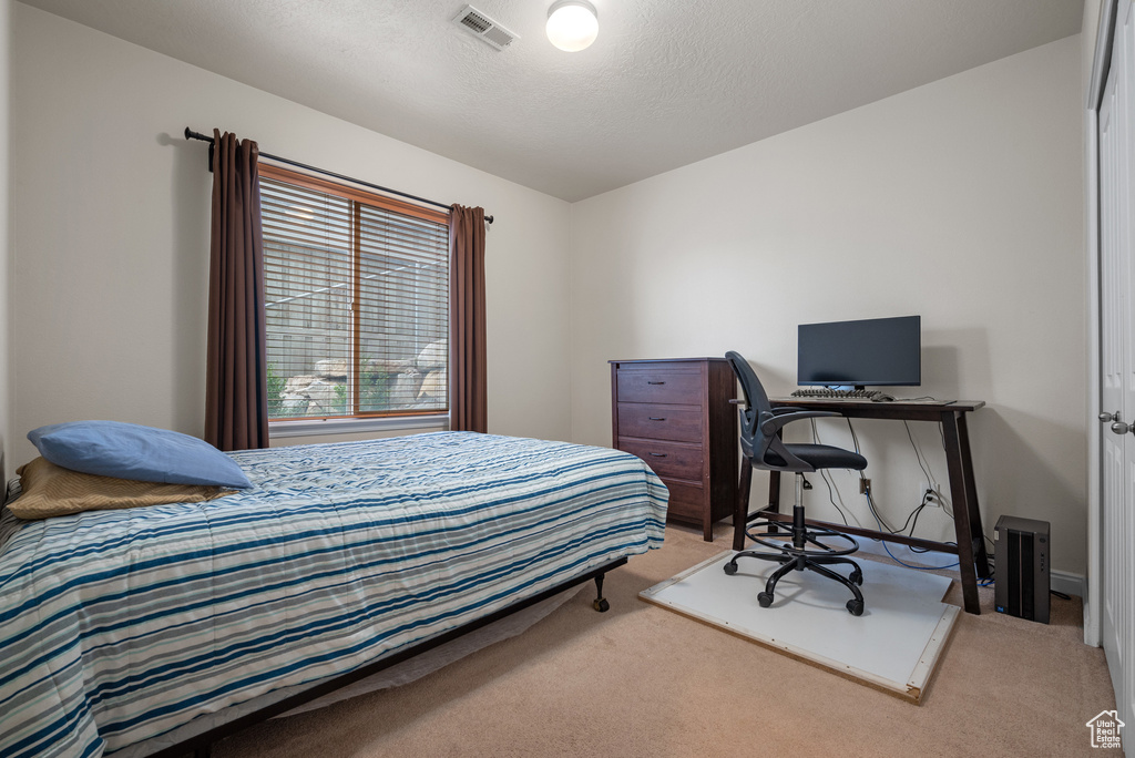 Carpeted bedroom featuring visible vents