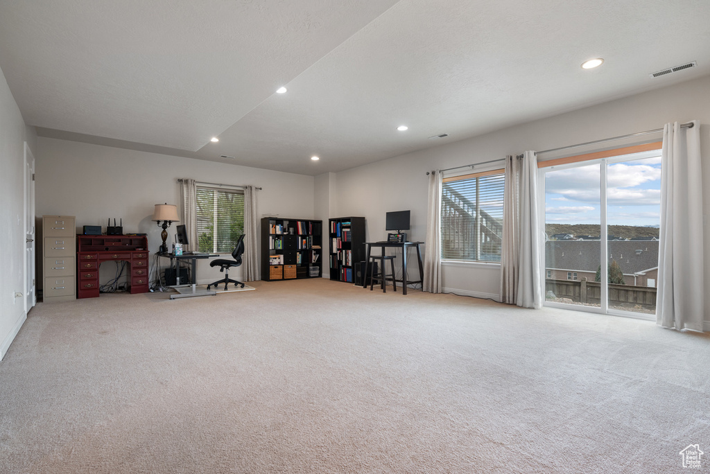 Miscellaneous room featuring plenty of natural light, recessed lighting, and carpet floors