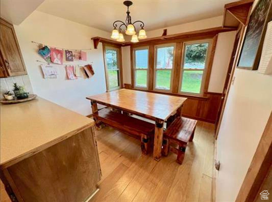 Dining room with a notable chandelier, a wainscoted wall, and light wood-type flooring