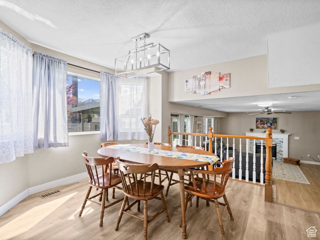 Dining area featuring baseboards, a fireplace, a ceiling fan, and wood finished floors