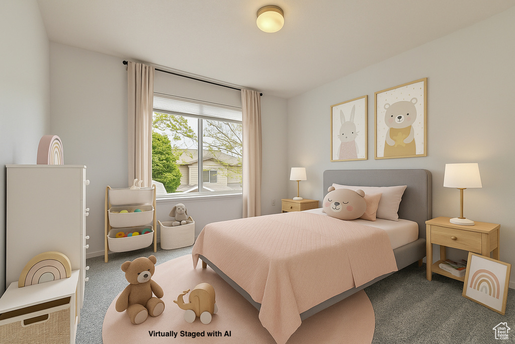 Bedroom with carpet floors and baseboards