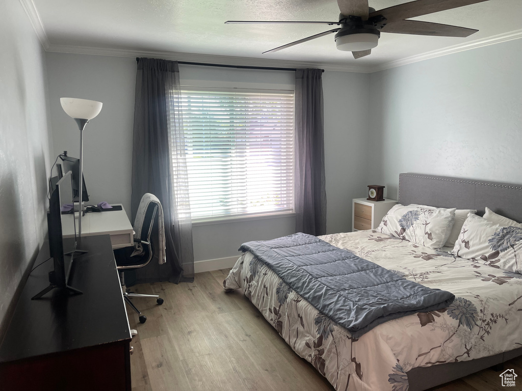 Bedroom with baseboards, ornamental molding, a ceiling fan, and light wood-type flooring