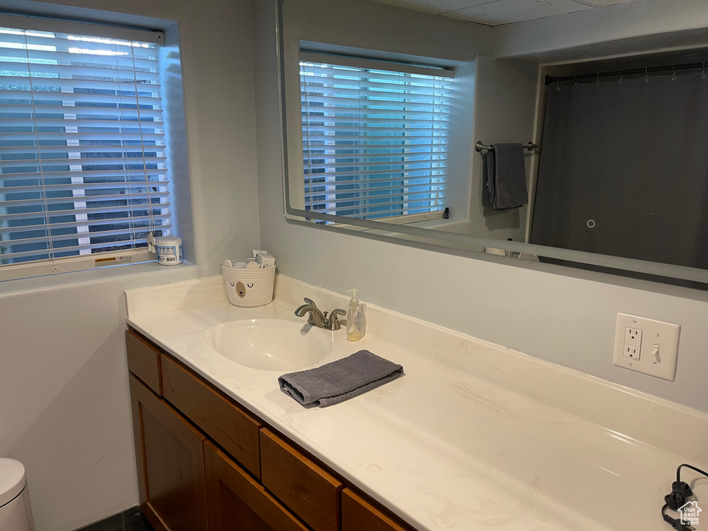 Full bath featuring vanity, plenty of natural light, toilet, and curtained shower