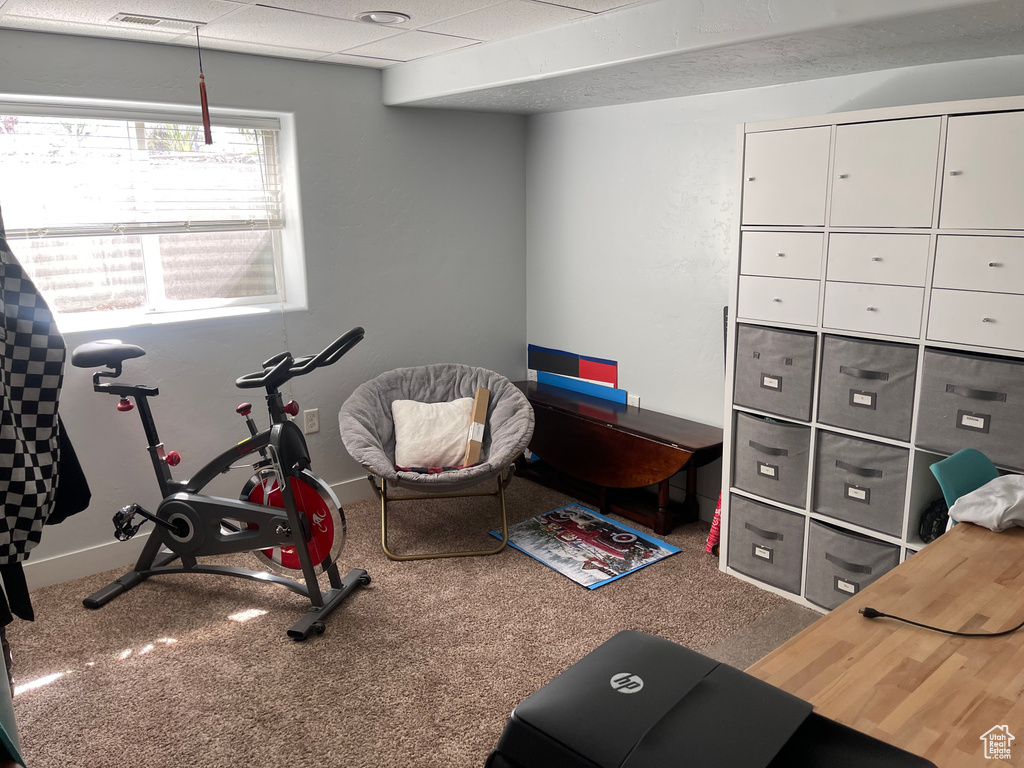Exercise area featuring carpet floors, baseboards, and visible vents