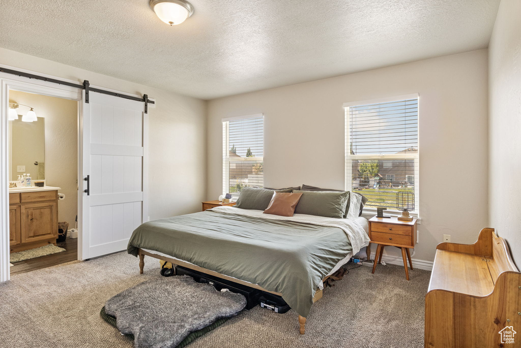 Bedroom with a barn door, a textured ceiling, and light carpet