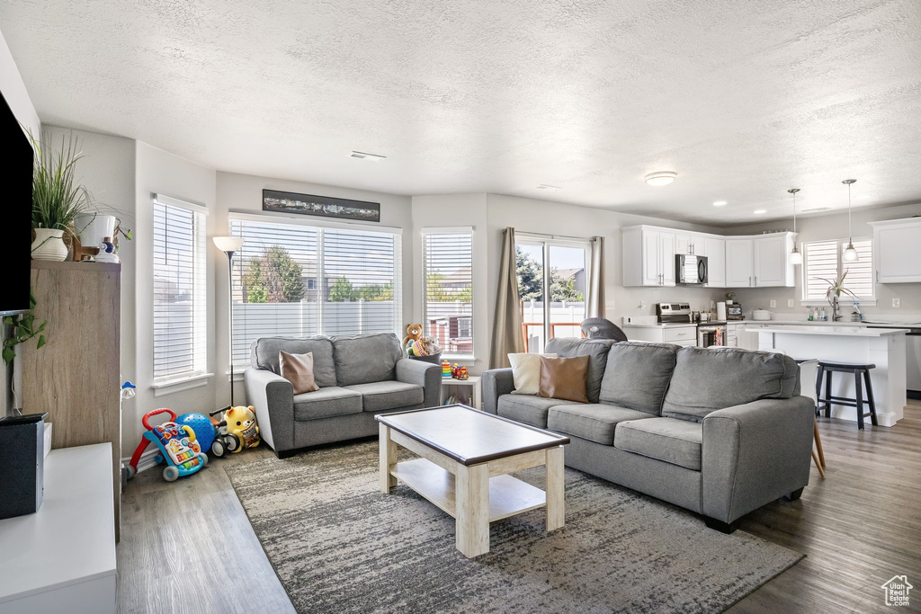 Living room with baseboards, a textured ceiling, and wood finished floors