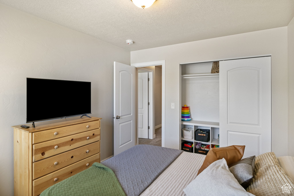 Carpeted bedroom featuring a closet and a textured ceiling