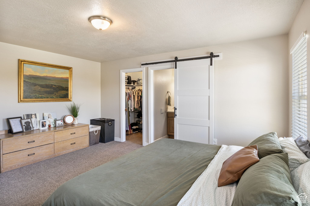 Bedroom featuring a closet, a barn door, a textured ceiling, a spacious closet, and carpet