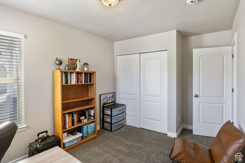 Carpeted office space featuring a textured ceiling and baseboards