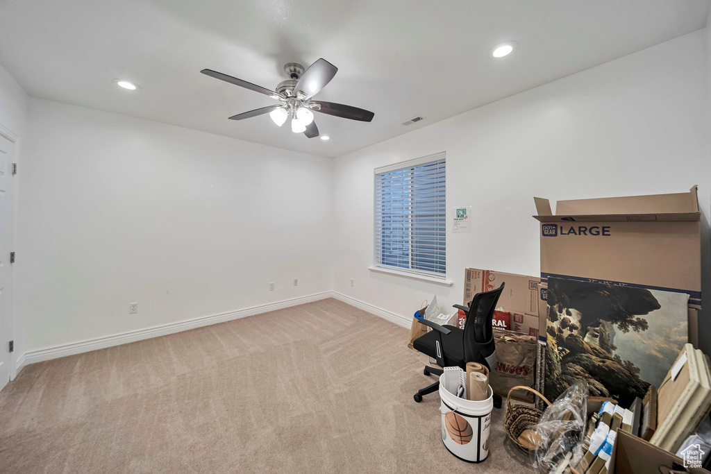 Interior space featuring recessed lighting, a ceiling fan, visible vents, and baseboards