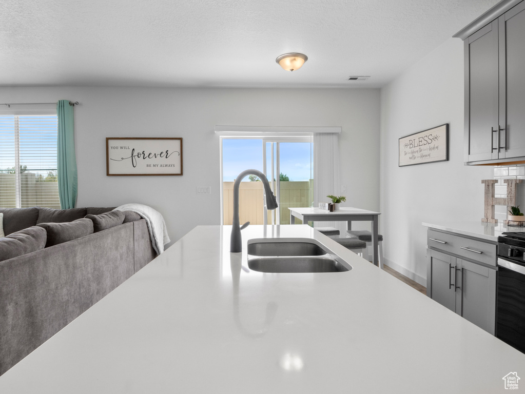 Kitchen with plenty of natural light, a sink, light countertops, gray cabinetry, and open floor plan