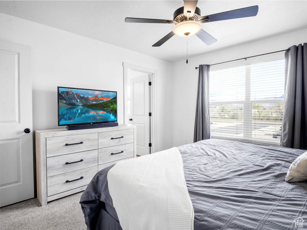 Bedroom with ceiling fan and carpet
