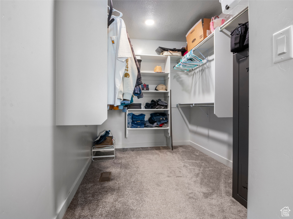 Walk in closet featuring visible vents and carpet flooring