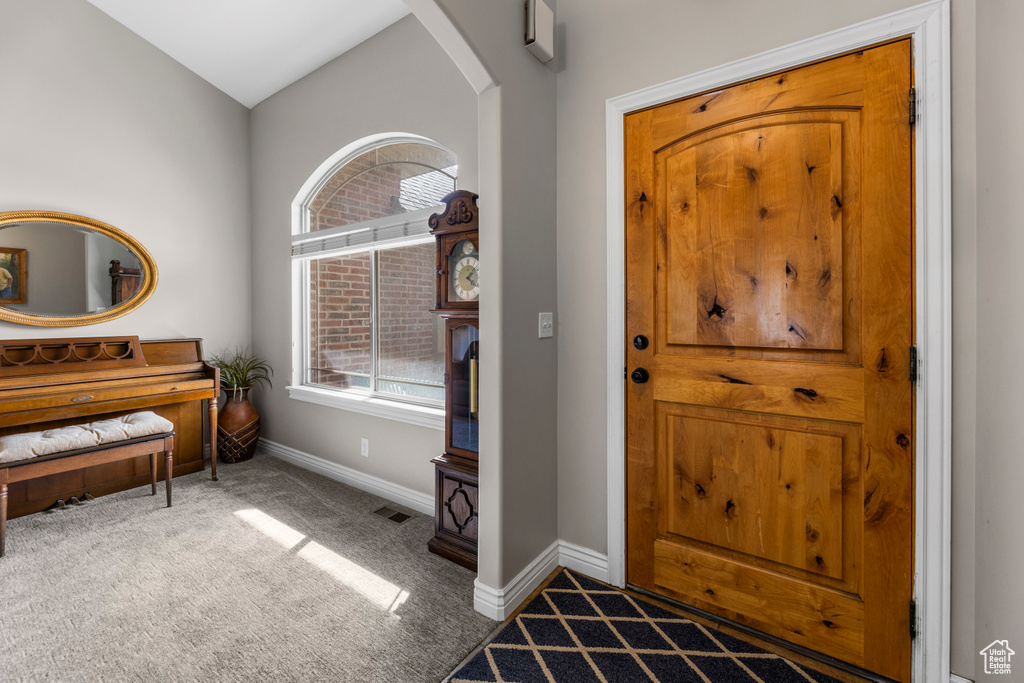 Entrance foyer with baseboards, visible vents, a wealth of natural light, and carpet