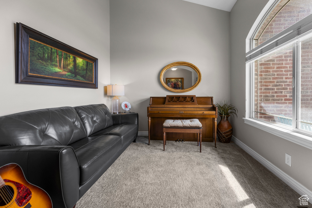 Carpeted living room featuring baseboards