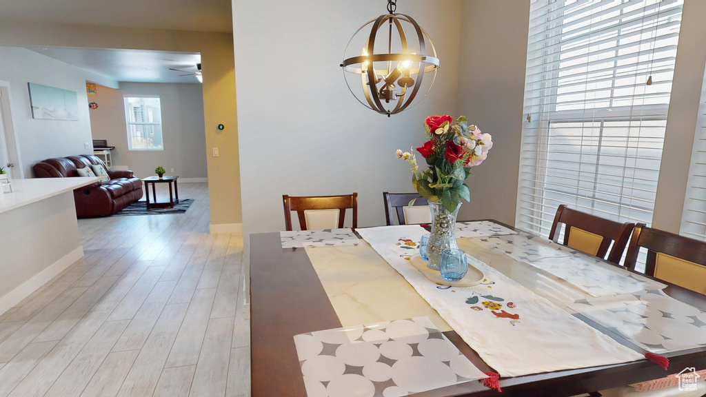Dining space featuring baseboards, ceiling fan with notable chandelier, and wood finished floors