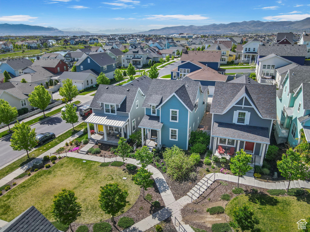 Aerial view of residential area with mountains