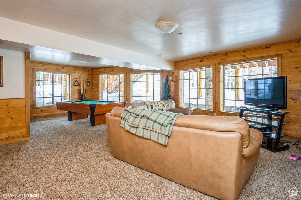 Carpeted living room with wooden walls, pool table, and a healthy amount of sunlight