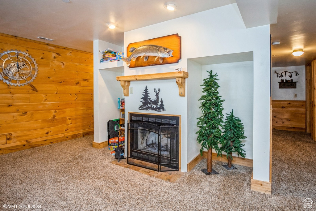Living room with wooden walls, a multi sided fireplace, baseboards, and carpet