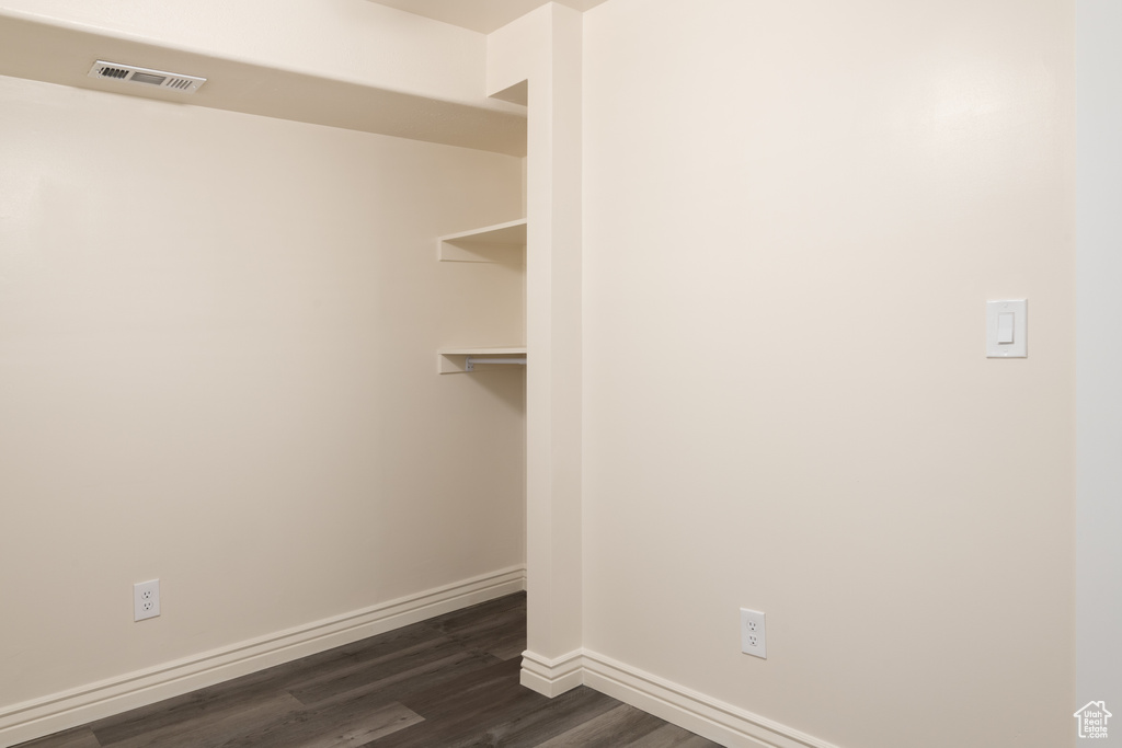 Spacious closet featuring visible vents and dark wood-type flooring
