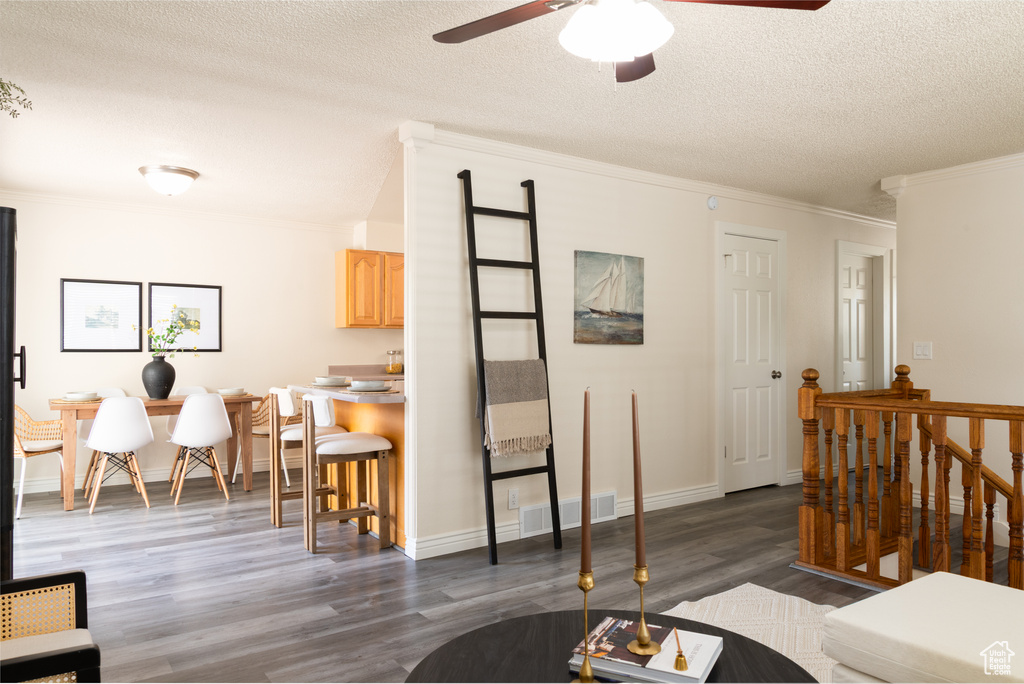 Living room featuring dark wood-style flooring, a textured ceiling, a ceiling fan, visible vents, and ornamental molding
