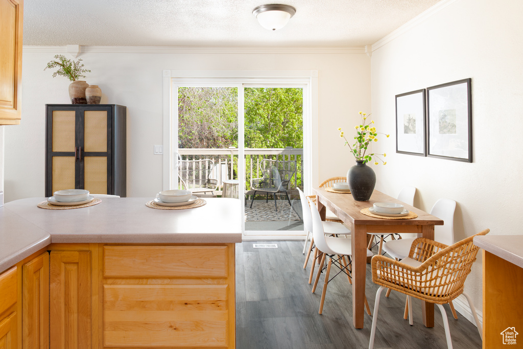 Dining room with crown molding and wood finished floors