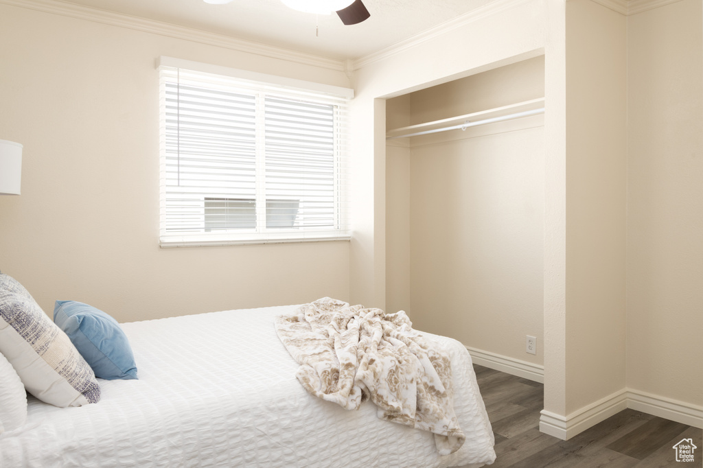 Bedroom featuring crown molding, a closet, dark wood-style flooring, baseboards, and ceiling fan