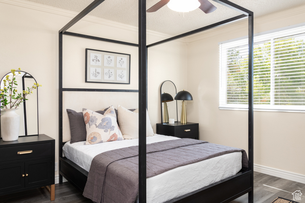 Bedroom with crown molding, baseboards, a textured ceiling, and dark wood-type flooring