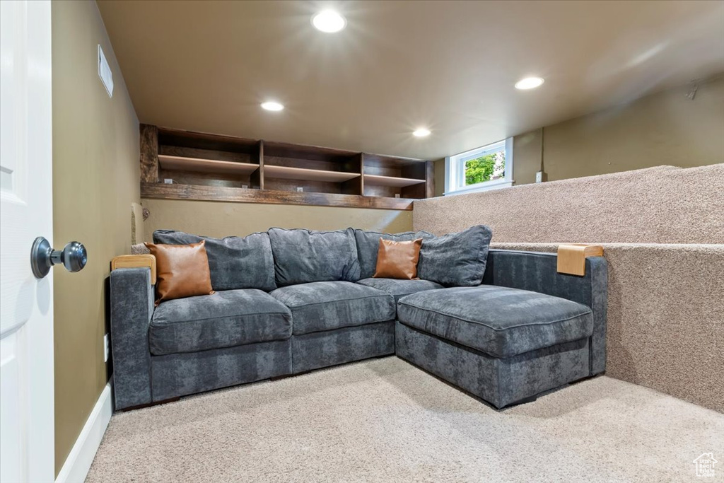 Home theater room featuring carpet flooring, recessed lighting, baseboards, and visible vents