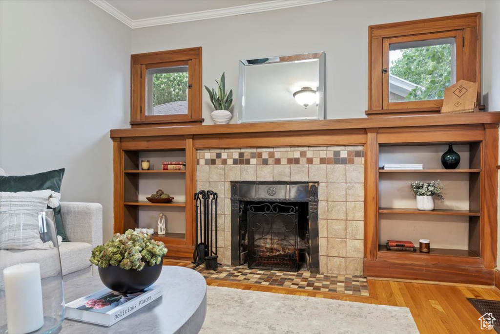 Living room featuring crown molding, wood finished floors, and a fireplace