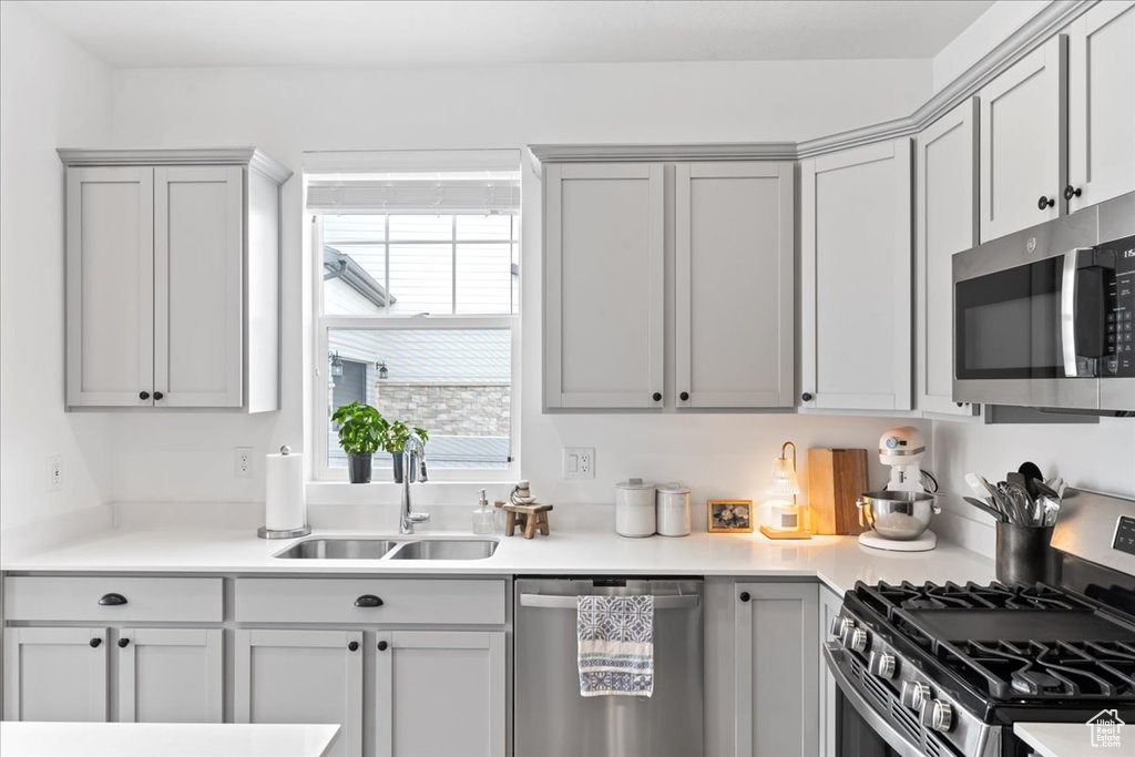 Kitchen featuring appliances with stainless steel finishes, light countertops, gray cabinets, and a sink