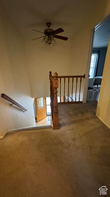 Staircase featuring baseboards, ceiling fan, and carpet flooring