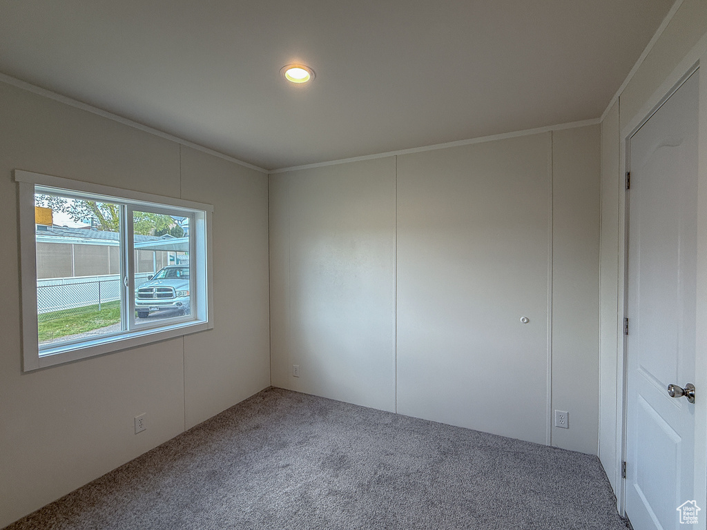 Unfurnished room featuring crown molding, recessed lighting, and carpet floors