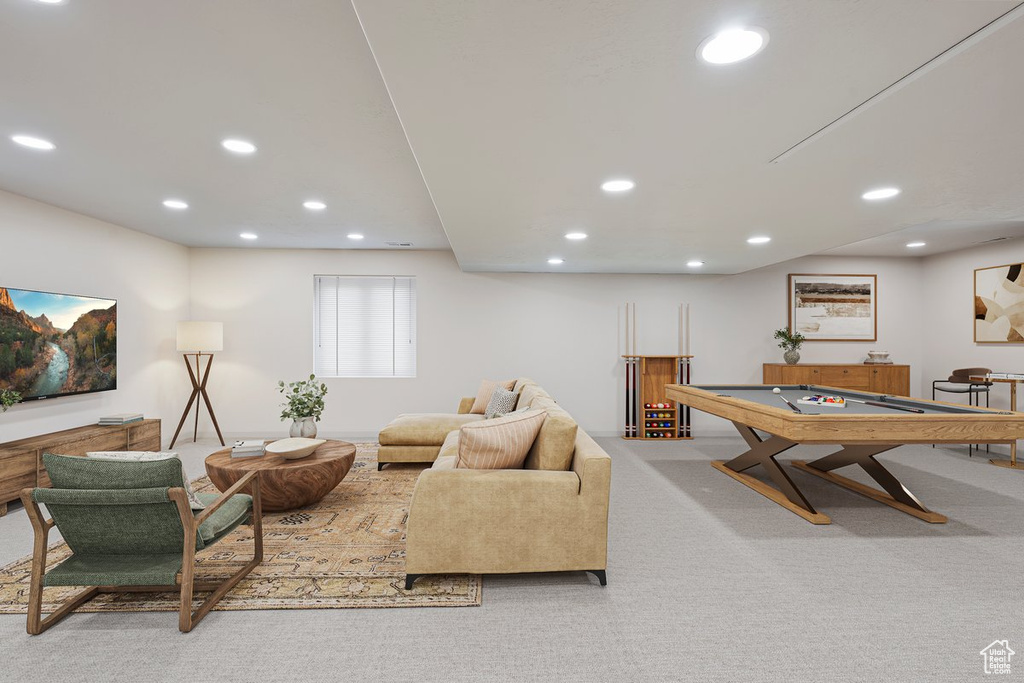 Recreation room featuring recessed lighting, pool table, and carpet
