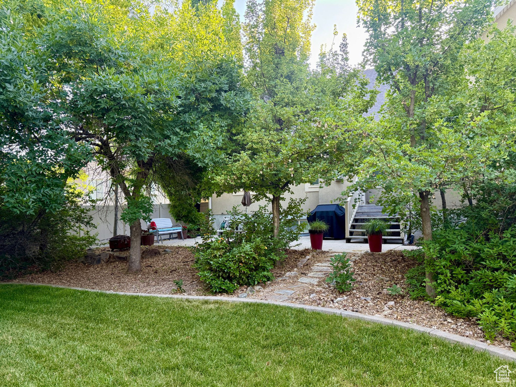 View of grassy yard featuring stairway