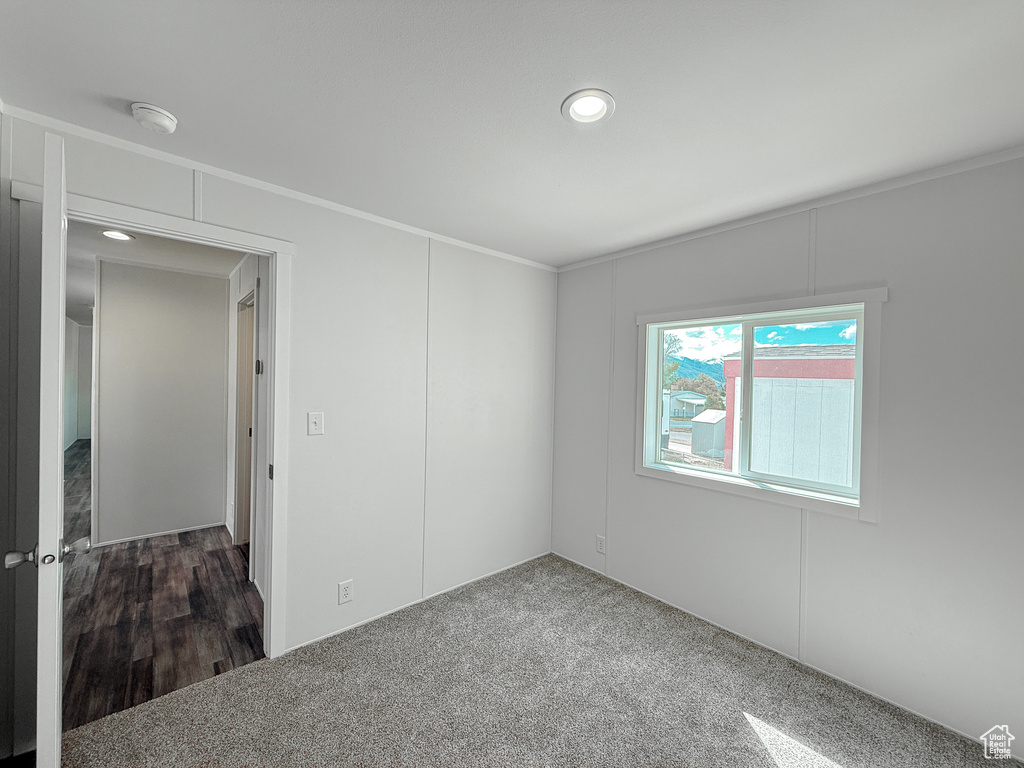 Spare room with crown molding, recessed lighting, and carpet