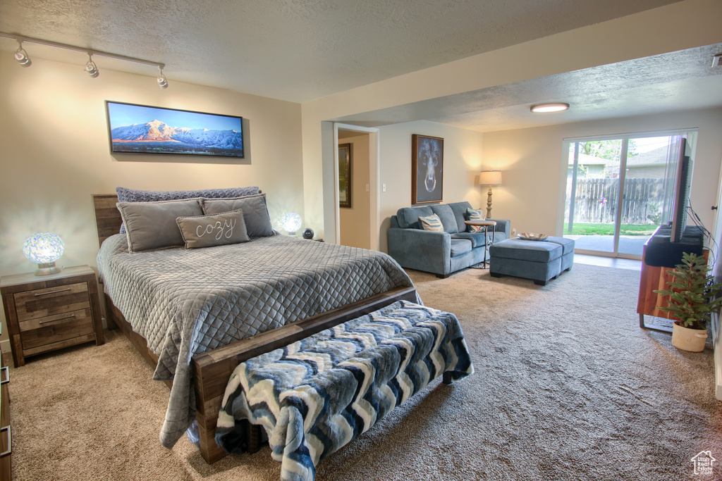 Carpeted bedroom with track lighting, access to outside, a textured ceiling, and visible vents