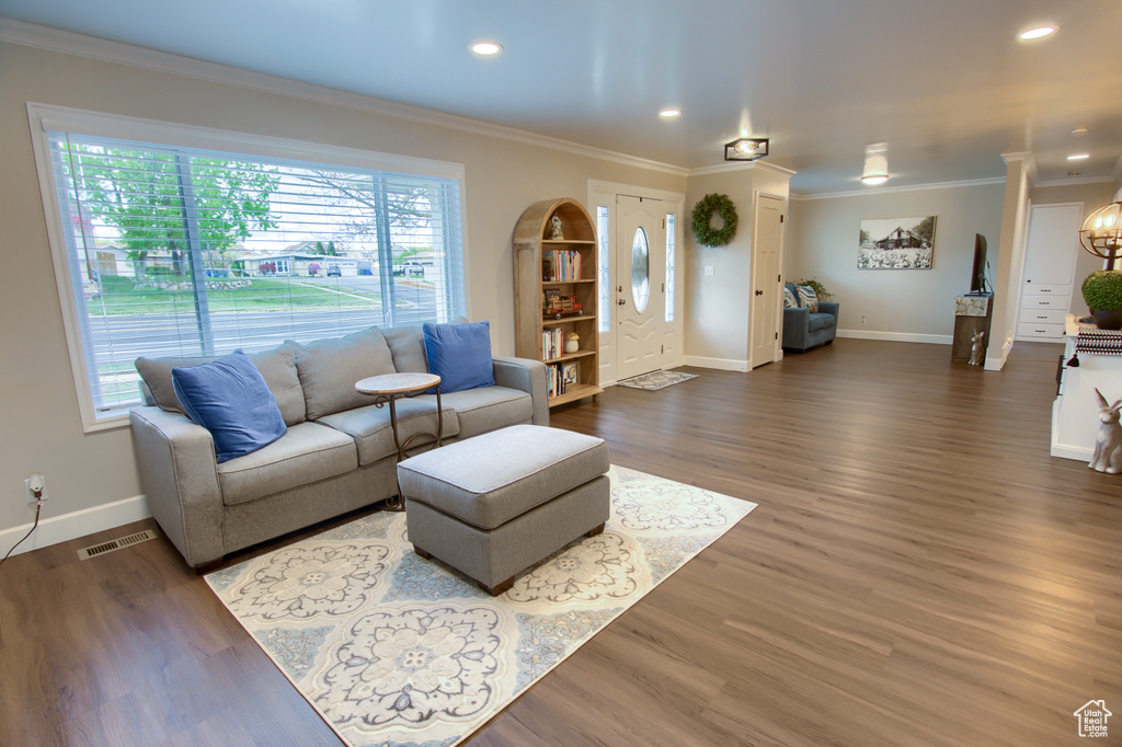 Living area featuring crown molding, baseboards, and plenty of natural light