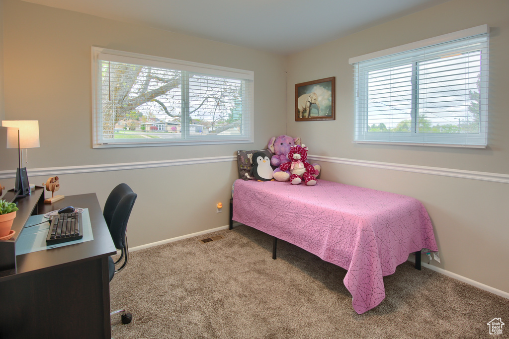 Bedroom with baseboards, multiple windows, carpet, and visible vents