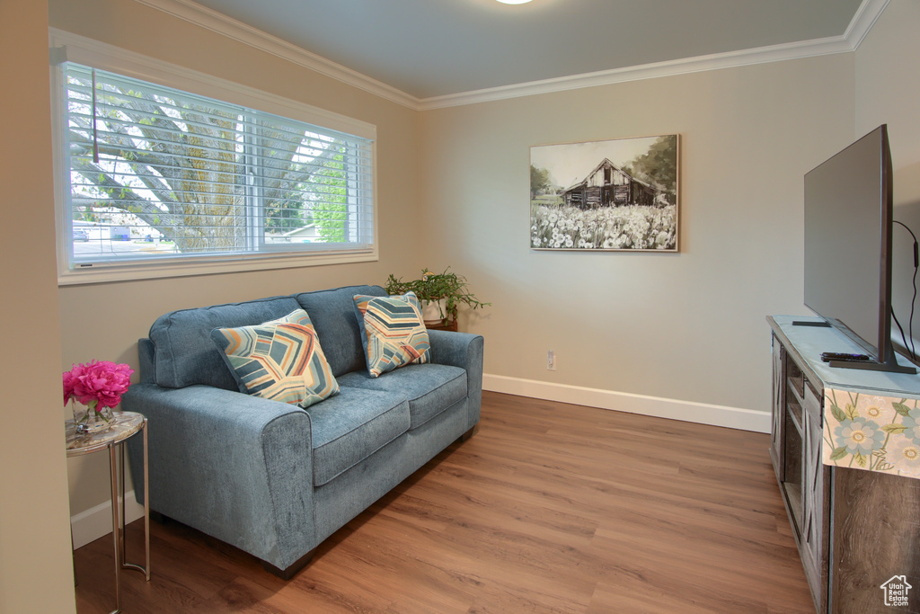 Living area with baseboards, ornamental molding, and wood finished floors