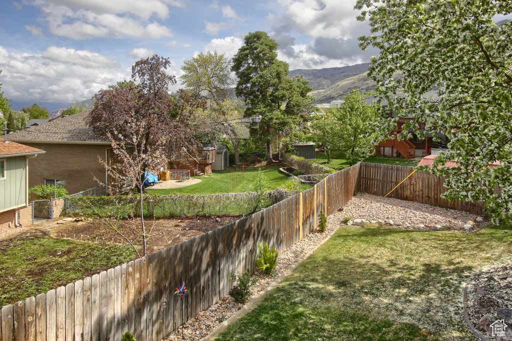 View of yard with a patio, a mountain view, and a fenced backyard
