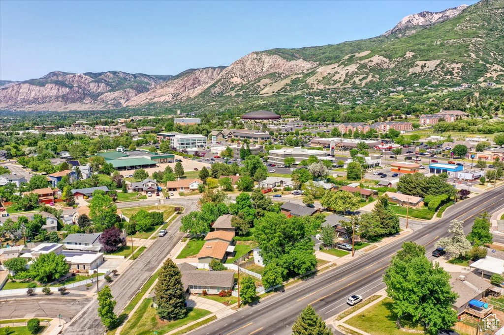 Aerial view of residential area with mountains