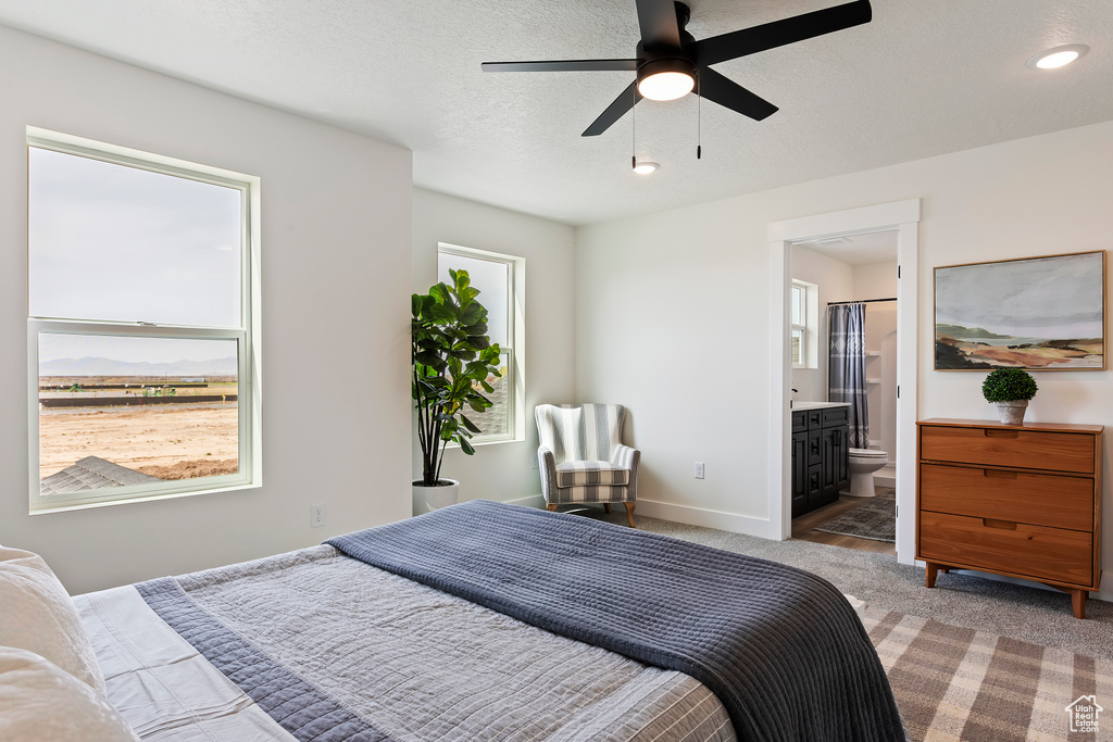 Bedroom with ensuite bathroom, carpet, ceiling fan, and baseboards