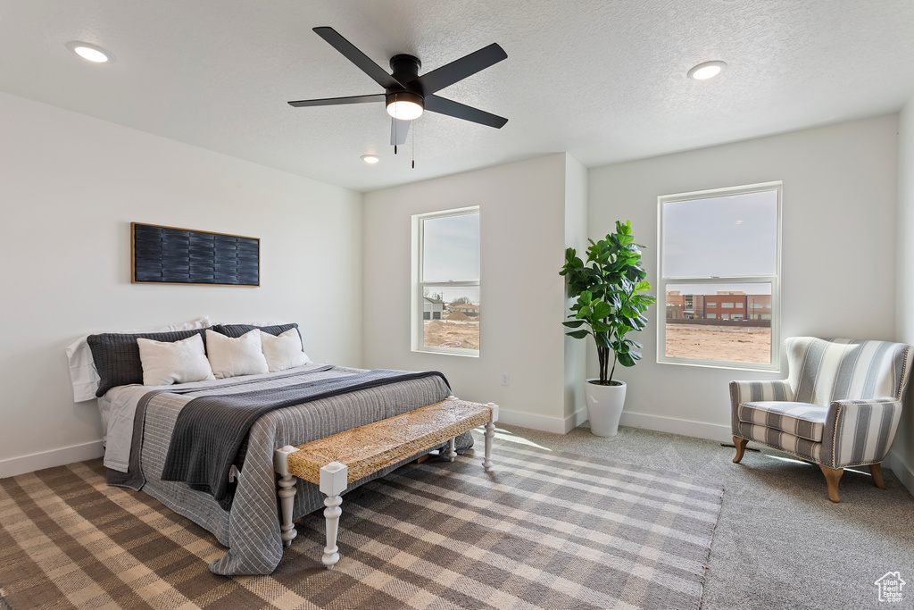 Bedroom with baseboards, a ceiling fan, carpet flooring, and recessed lighting