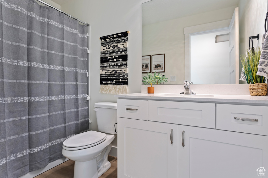 Bathroom featuring toilet, a shower with curtain, wood finished floors, and vanity