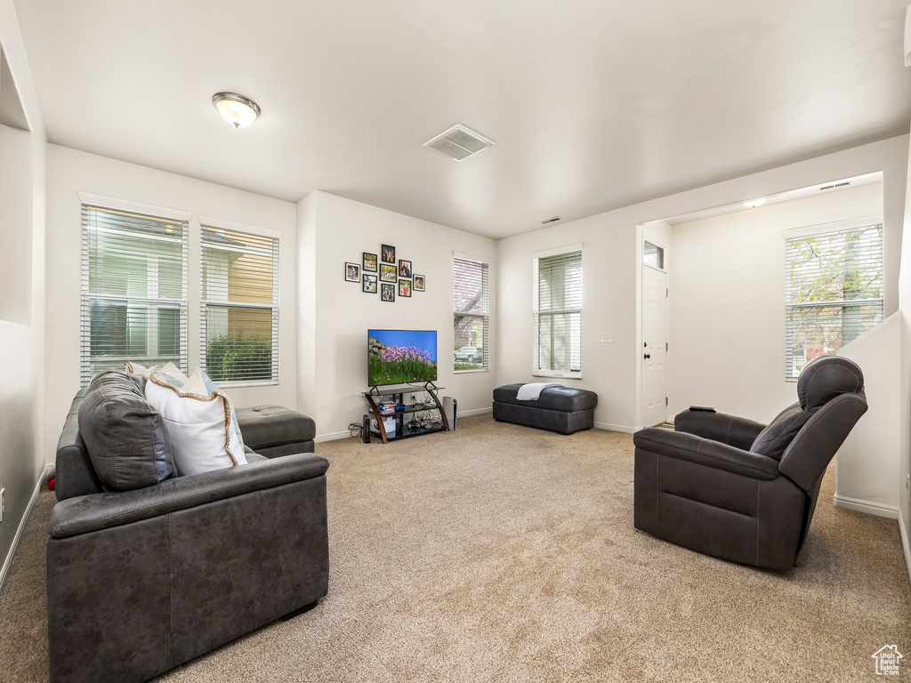 Living room with carpet flooring, baseboards, and visible vents