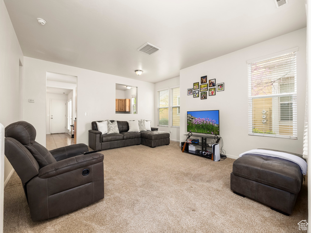 Living room with visible vents, carpet flooring, and baseboards