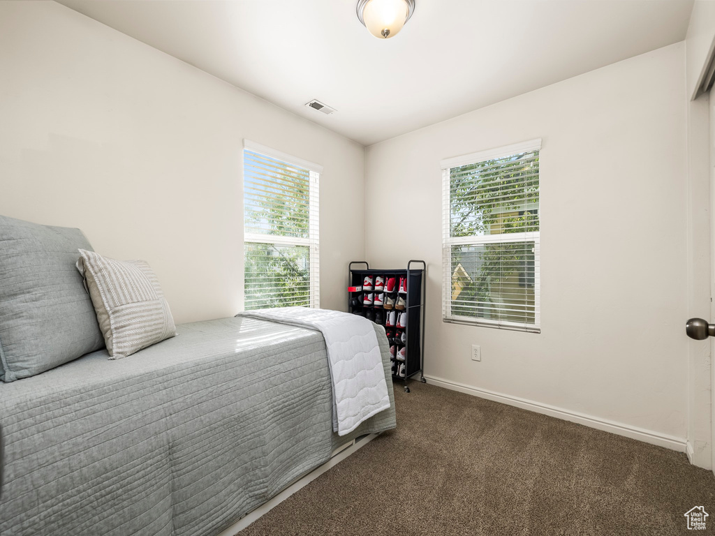 Carpeted bedroom featuring baseboards, multiple windows, and visible vents