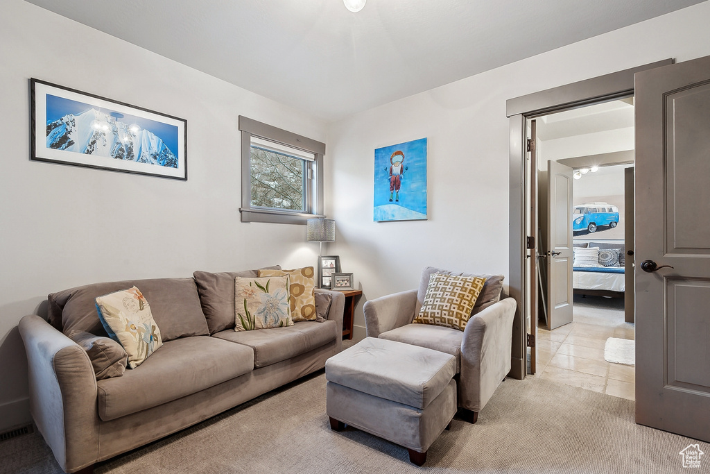 Living room with light carpet