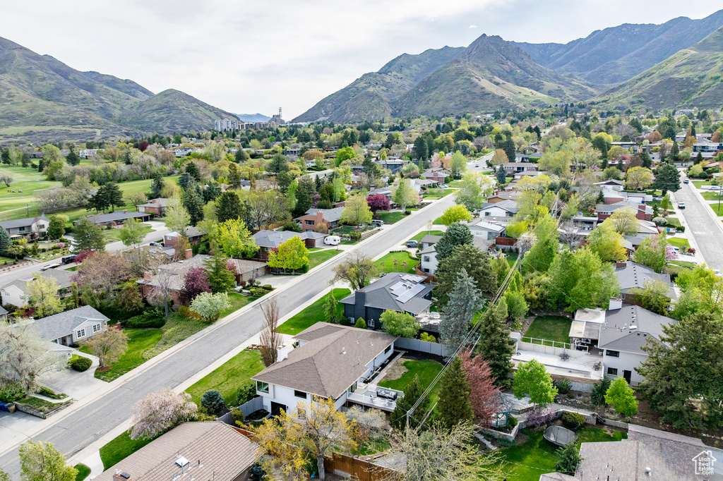 Drone / aerial view with a mountain view and a residential view